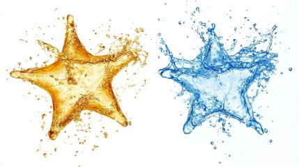 Two star-shaped water splashes, gold and blue, isolated