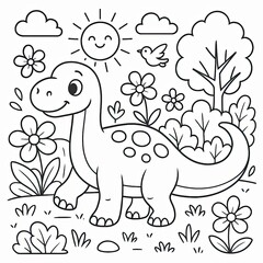 Cute Cartoon Dinosaur in a Sunny Garden