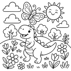 Fototapeta premium Cute Cartoon Dinosaur in a Sunny Meadow Coloring Page
