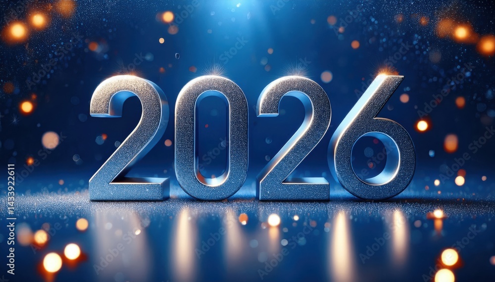 Aufkleber metallic 2026 new year numbers with sparkling lights and bokeh effect for web design, branding, and holiday print media graphics, 3d render texture