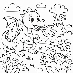 Cute Cartoon Dragon Near Volcano with Flowers