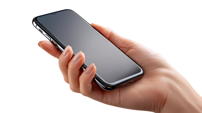 Grip of a Modern Age: A sleek, modern smartphone rests delicately in the curve of a person's hand, emphasizing the device's integration with everyday life.
