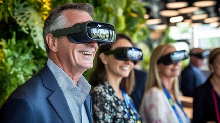 A virtual reality demonstration features a mature businessman wearing VR glasses, blending office business with futuristic technology and virtual elements