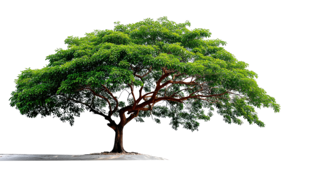 Solitary Tree's Tranquil Pose: A magnificent, lush green tree stands gracefully against a clear background, its branches outstretched in a serene display of natural beauty. 