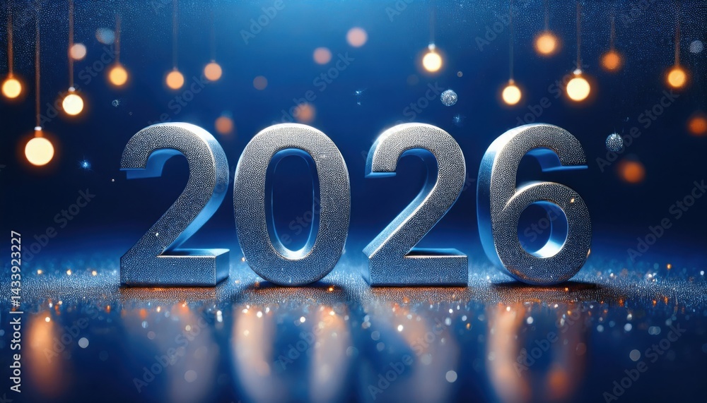 Aufkleber metallic 2026 new year numbers with sparkling lights and bokeh effect for web design, branding, and holiday print media graphics, 3d render texture