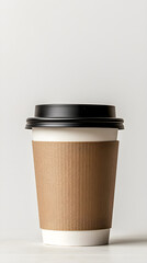 A coffee cup with a lid and a brown sleeve sits on a white table