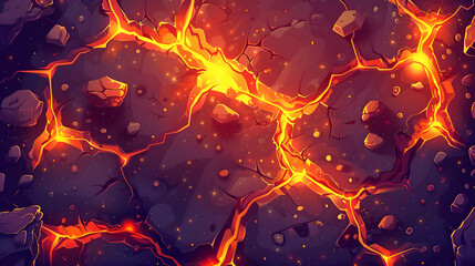 Abstract Pixel Art of Molten Lava Flowing Through Cracked Rock Texture In Shades of Orange and Red