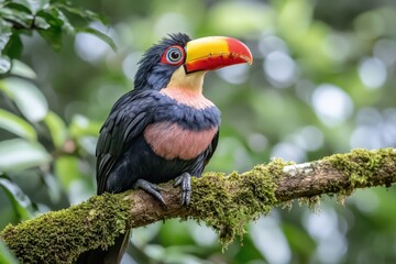 Obraz premium Vibrant toucan perched on mossy branch in rainforest canopy