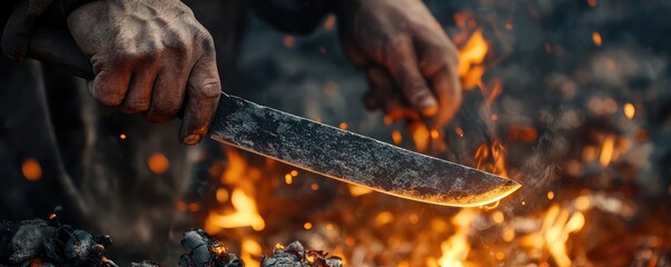 Blacksmith shaping a blade over open flame.