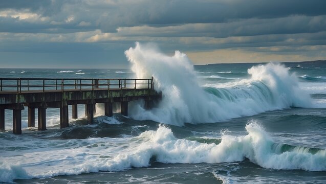 Fototapeta Dramatic waves crash over weathered pier under stormy sky