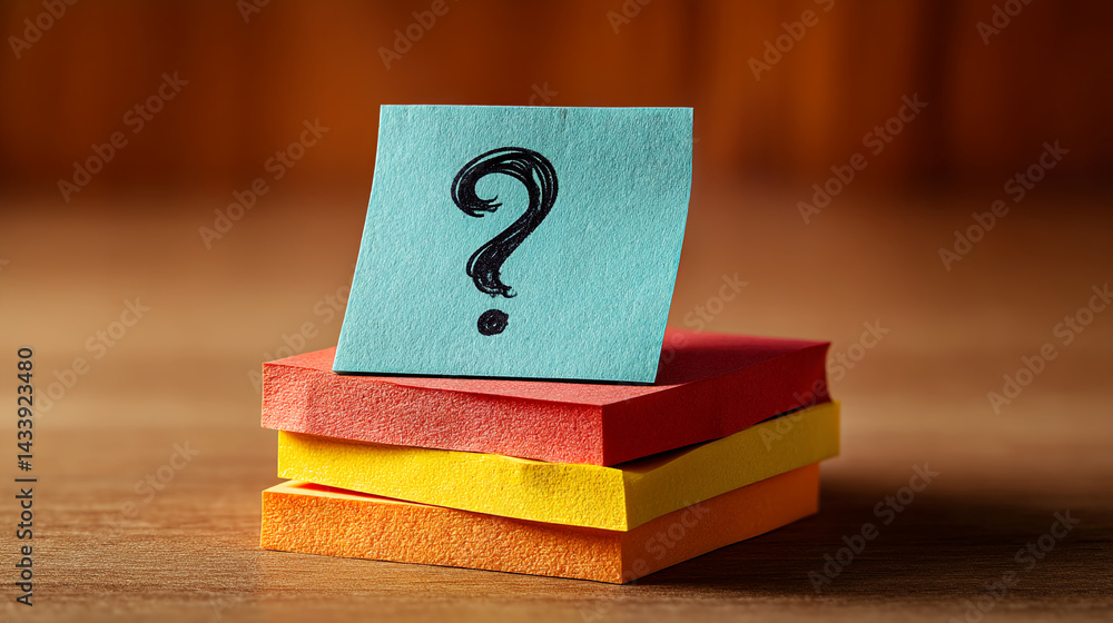 Poster Stack of colorful sticky notes, top note displays a question mark, symbolizes inquiry, question, problem-solving, or brainstorming