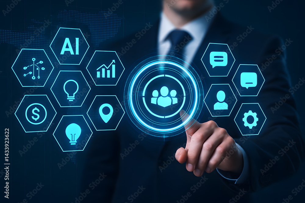 Poster digital touch: a businessman in a suit engages with a high-tech interface featuring ai integration a