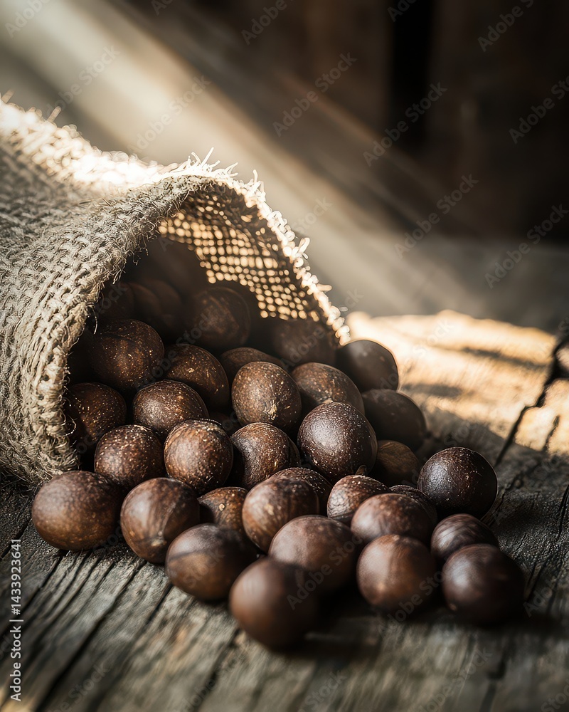Poster rustic scene of scattered brown nuts spilling from a burlap sack on a wooden surface with soft light