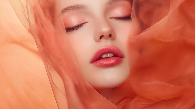 The visage of a beautiful young woman, her eyes closed, is prominently displayed on a pastel pink background with a soft glow, illustrating a concept that combines beauty, skincare, makeup, and