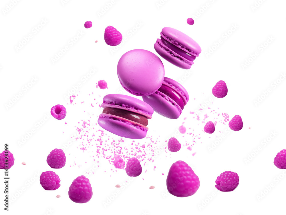 Poster floating pink macarons and raspberries with sprinkles on a transparent background in a studio shot p