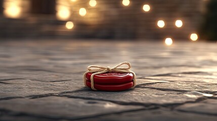 Bright red macaron rests on cobblestone pavement in an outdoor setting with warm lights in the background during evening hours