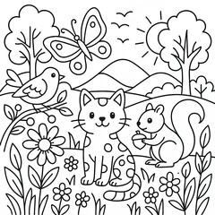 Fototapeta premium Cute Cat Squirrel Bird and Butterfly in Springtime Nature Scene
