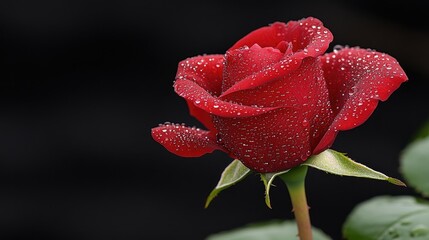Beautiful red rose adorned with droplets of water captured in natural light in a garden setting during early morning