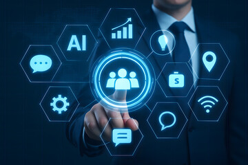 Business Technology: A person in a dark suit, indicating professional focus, is engaging with an interactive digital interface that embodies technological advancements and business elements.