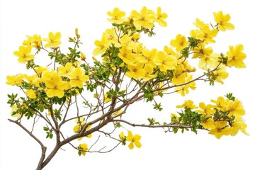 A branch with vibrant yellow flowers and green leaves against a white background