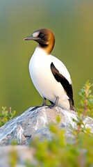 Fototapeta premium A small, white seabird with a brown cap and black markings perches on a grey rock amidst low-lying green vegetation