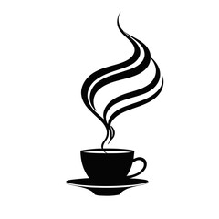 Black silhouette of a steaming coffee cup on a minimalistic background