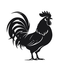 Elegant black rooster silhouette on a minimalist background showcasing ornate feathers and proud stance