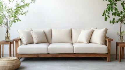Modern Wooden Sofa in Minimalist Room, Relaxing Atmosphere