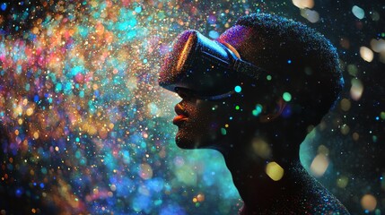 A young man, filled with wonder, wears a VR headset to explore the virtual world of the metaverse, symbolizing gaming and futuristic entertainment