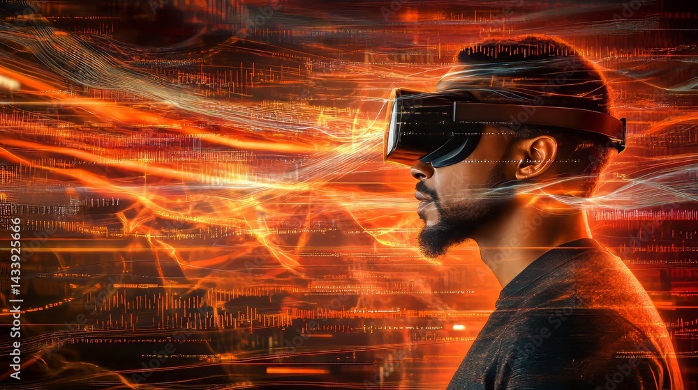 Poster a 3d rendering depicts an african american man wearing a virtual reality headset set against a backd