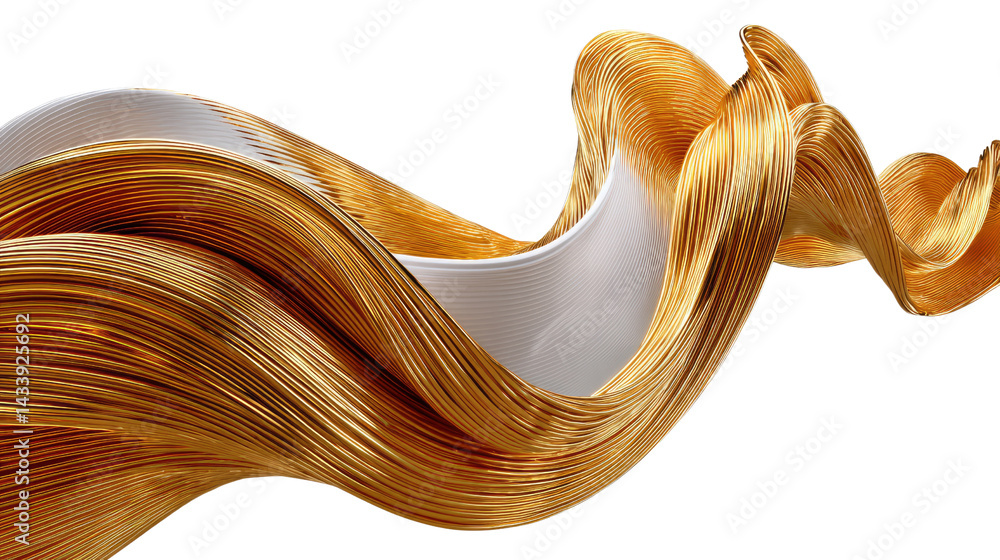 Poster golden flowing ribbon: an elegant shot of golden ribbon or fabric flows through the space, creating 