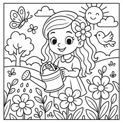 Girl Watering Flowers in a Garden Illustration