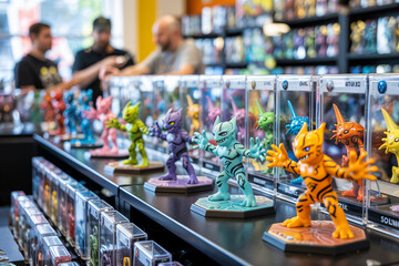 collectible geek figurines store, in protective cases, convention, fans