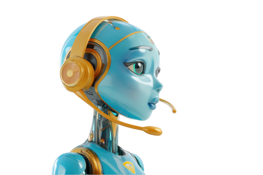 Stunning blue robot girl with golden headset and mic 3d future modern on transparent background