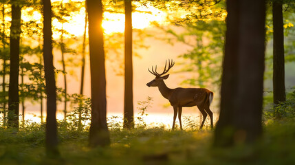 Deer Silhouette In Golden Sunset Forest