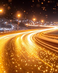 Night highway scene with light trails, snow, and city lights in the background
