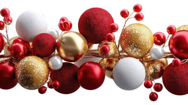 Christmas Ornament Garland: A festive arrangement of vibrant red, gold, and white ornaments and berries create a beautiful Christmas garland, embodying the holiday spirit and decorative charm. 