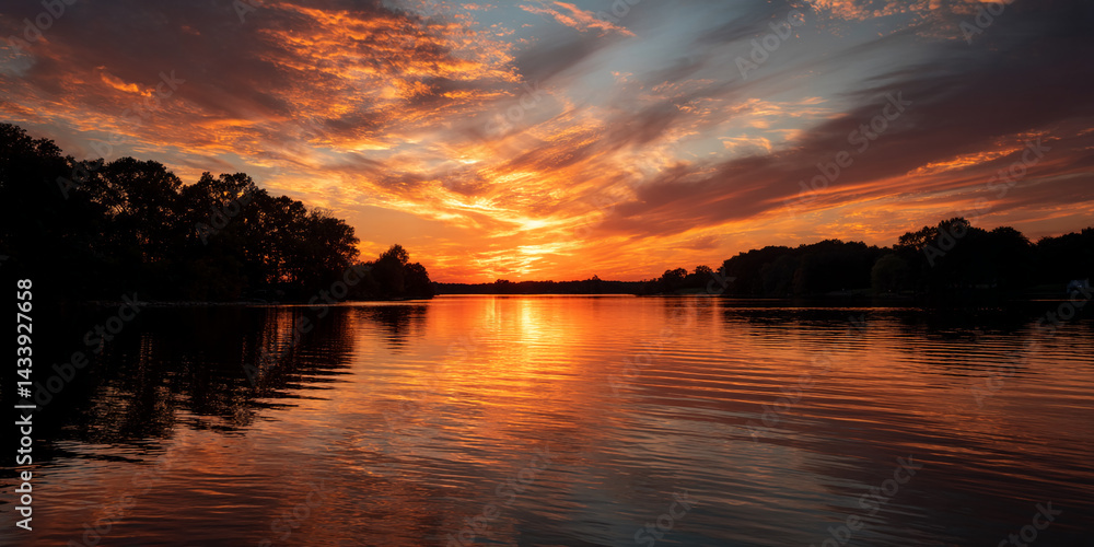 Poster fiery sunset over calm lake, orange and red clouds reflected in water, creating a tranquil scene ide