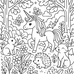 Whimsical Unicorn and Woodland Creatures in a Black and White Forest Illustration