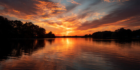 Obraz premium Fiery sunset over calm lake, orange and red clouds reflected in water, creating a tranquil scene ideal for nature or travel themes