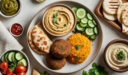 Top-down view of vibrant Mediterranean dishes including hummus, falafel, pita bread, and fresh vegetables, styled on a clean white background with colorful, professional food presentation.
