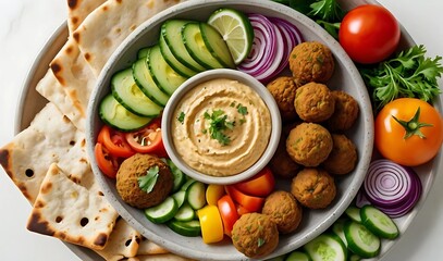 Top-down view of vibrant Mediterranean dishes including hummus, falafel, pita bread, and fresh vegetables, styled on a clean white background with colorful, professional food presentation.