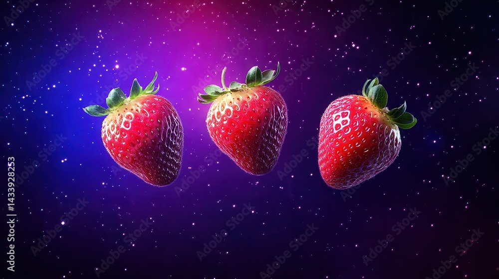 Poster three vibrant strawberries floating in a cosmic background with colorful nebula effects