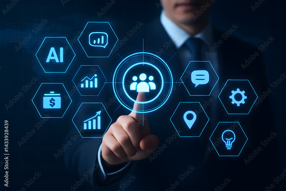 Poster unlocking future with tech: a man's finger interacts with an array of glowing futuristic technology 