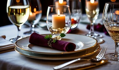 Elegant table setting with fine dining dishes, wine glasses, and candles, arranged with refined plating in a romantic, luxurious ambiance and captured with shallow depth of field.