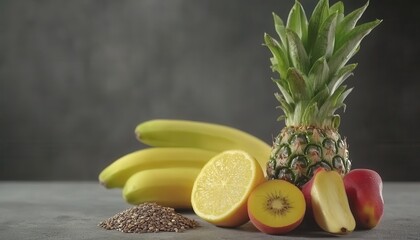 Fresh tropical fruits and seeds. Vibrant yellow bananas, juicy pineapple, and sliced kiwi, peach, and lemon.  Healthy whole foods arranged on a gray surface