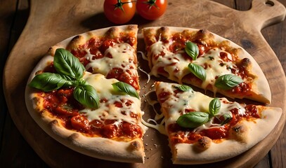 Top-down view of homemade pizza with melted cheese, fresh basil, and tomato sauce served on a wooden paddle in a rustic kitchen setting, capturing warm and inviting culinary charm.