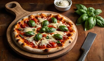 Top-down view of homemade pizza with melted cheese, fresh basil, and tomato sauce served on a wooden paddle in a rustic kitchen setting, capturing warm and inviting culinary charm.