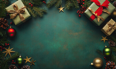 Festive Christmas Decorations with Gifts, Ornaments, and Greenery on a Teal Background
