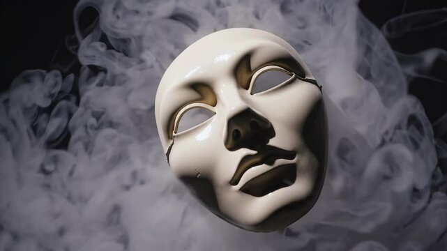 Mysterious mask emerges through swirling fog in dramatic slow motion